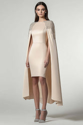 Satin Sheath Champagne Wedding Guest Dress Knee-Length Formal Dress With Shawl
