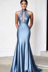Satin Sheath Grey Blue Wedding Guest Dress Halter Long Formal Dress