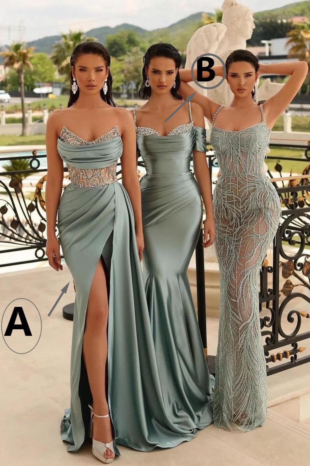 Satin Sweetheart Spaghetti Strap Mermaid Evening Dress with Split Beadings