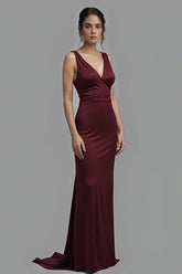 Satin V-Neck Cabernet Sheath Long Formal Dress
