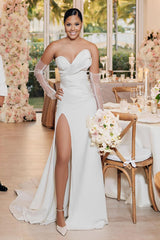 Satin Wedding Dress With Split Front Sheath Sleeveless Sweep Train
