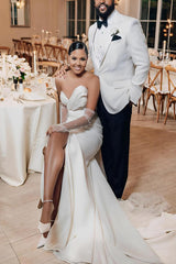 Satin Wedding Dress With Split Front Sheath Sleeveless Sweep Train