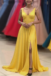 Satin Yellow Prom Dress A Line V-Neck Long Formal Dress With Slit