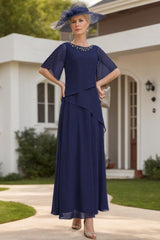Scoop Neck Chiffon Mother of the Bride Dress with 1 2 Sleeves in A Line Style