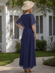 Scoop Neck Chiffon Mother of the Bride Dress with 1 2 Sleeves in A Line Style