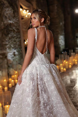 Scoop Neck Corset Wedding Dress Sequined Lace Ball Gown Bridal Dress