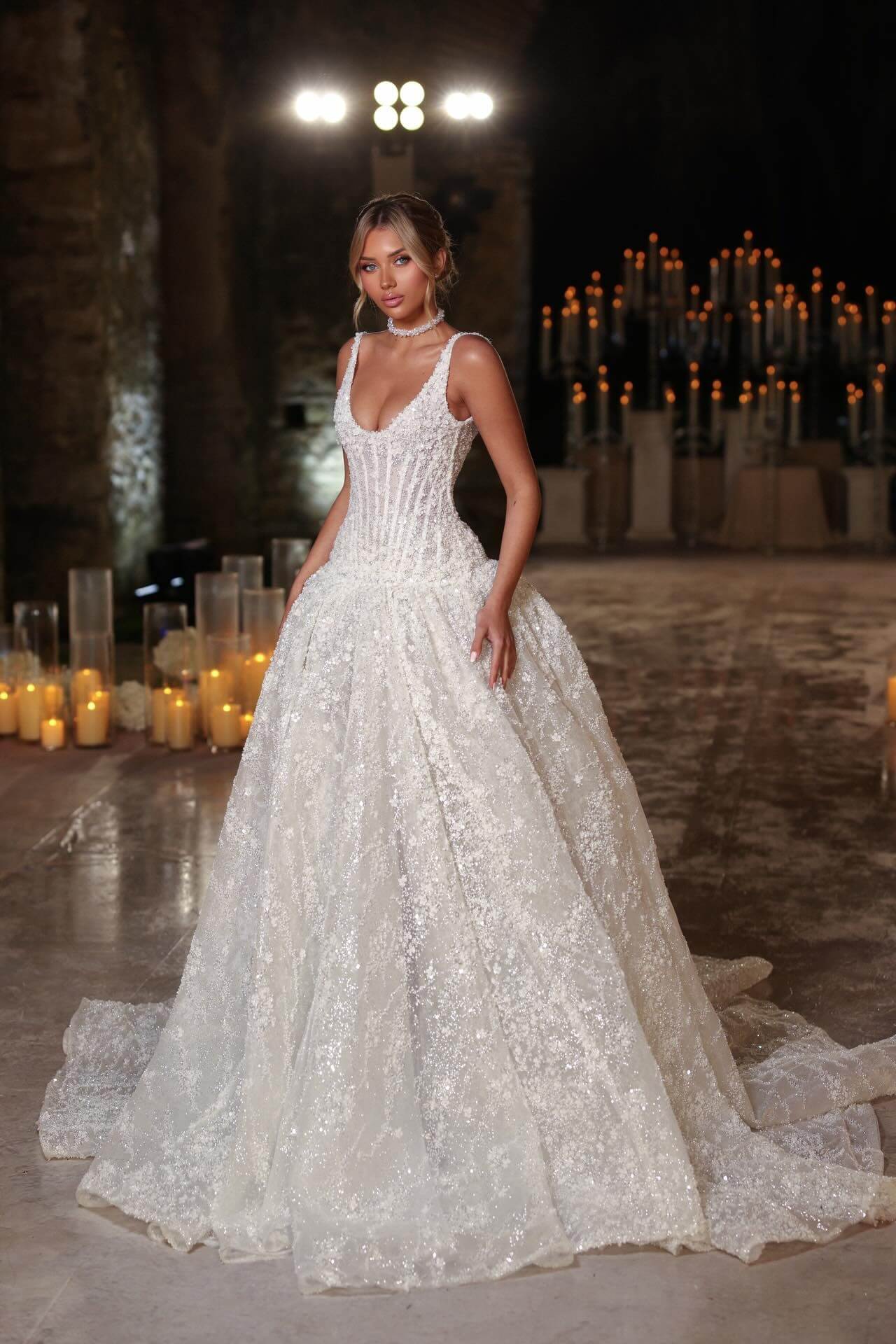 Scoop Neck Corset Wedding Dress Sequined Lace Ball Gown Bridal Dress