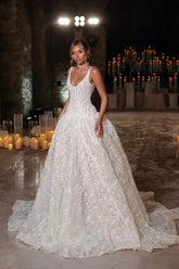 Scoop Neck Corset Wedding Dress Sequined Lace Ball Gown Bridal Dress