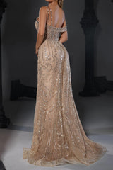 Champagne Mermaid Prom Dress Asymmetric Neck Beaded Formal Dress