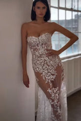 Mermaid Halter Neck Wedding Dress Ivory Long Bridal Gown With Appliques Lace