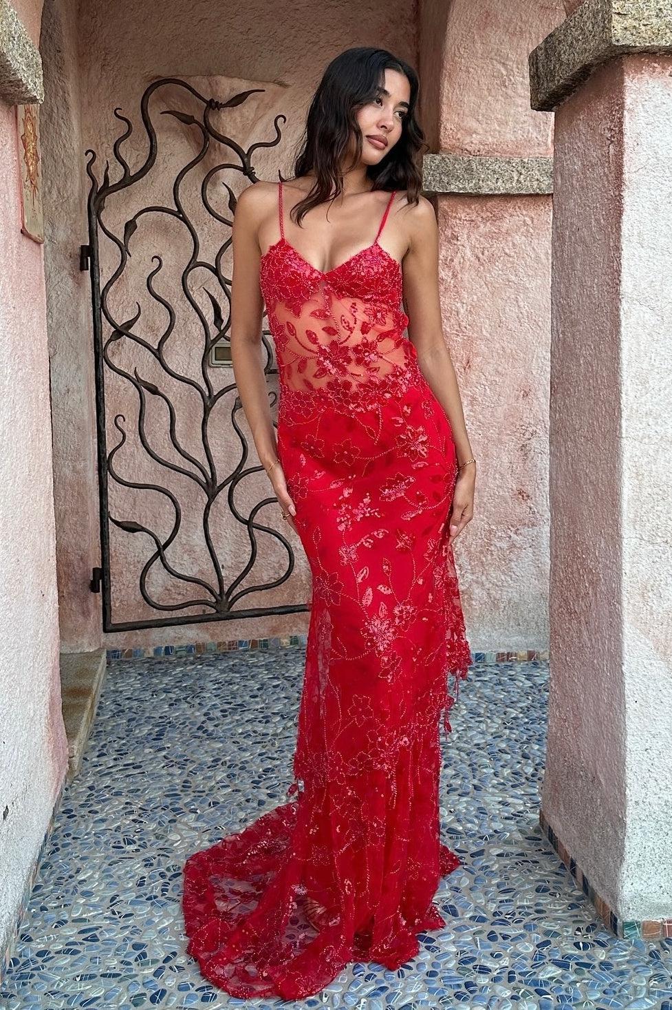 Sequin embroidered mermaid prom dress with sheer bodice, front view