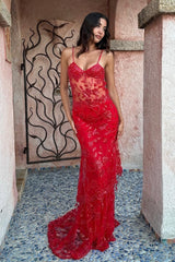Sequin embroidered mermaid prom dress with sheer bodice, front view