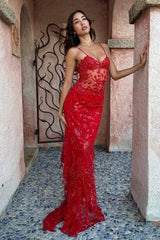 Sheer illusion bodice with floral sequin embroidery on the mermaid prom dress