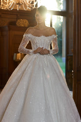 Sequin Lace Ball Gown Wedding Dress with Sheer Corset and Illusion Sleeves