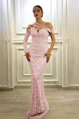Pink sequin mermaid prom dress with one-shoulder neckline and fitted bodice
