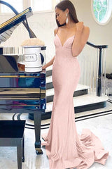 Blush pink sequin V-neck mermaid prom dress with sheer plunge bodice and floor-length skirt