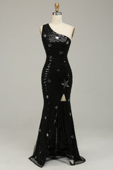 Sequined Black Prom Dress One Shoulder Long Evening Dress with Stars