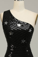 Sequined Black Prom Dress One Shoulder Long Evening Dress with Stars