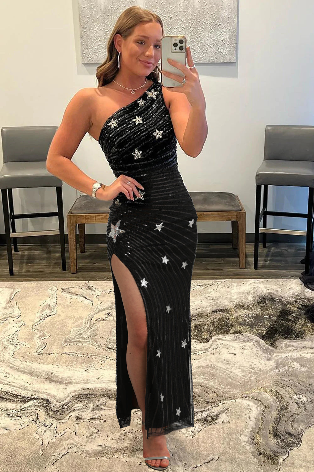 Sequined Black Prom Dress One Shoulder Long Evening Dress with Stars