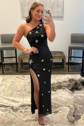 Sequined Black Prom Dress One Shoulder Long Evening Dress with Stars