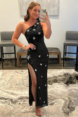 Sequined Black Prom Dress One Shoulder Long Evening Dress with Stars