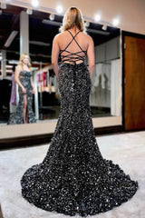 Sequined Prom Dress Lace up Back Black Mermaid Evening Dress with Slit