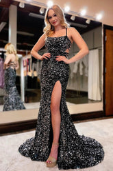 Sequined Prom Dress Lace up Back Black Mermaid Evening Dress with Slit