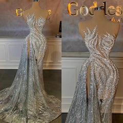 Sequined Prom Dress Silver Mermaid Formal Dress with Slit