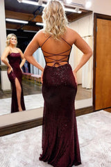 Sequined Prom Dress Spaghetti Straps Sheath Burgundy Evening Dress with Slit