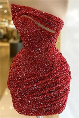 Sequined Red Homecoming Dress Sleeveless Strapless Short Cocktail Dress With Pleated