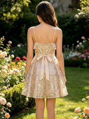 Sequined Tiered Mini Dress with Satin Bow & Straps Homecoming Dresses