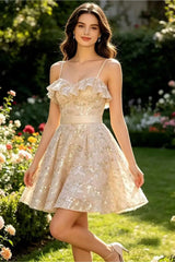 Sequined Tiered Mini Dress with Satin Bow & Straps Homecoming Dresses