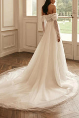 Sequined Wedding Dress with A Line Off The Shoulder Long Sleeves