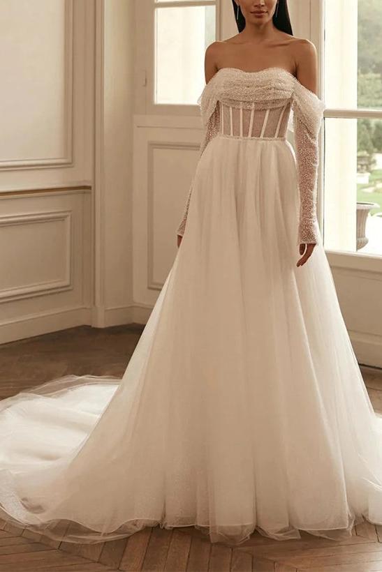 Sequined Wedding Dress with A Line Off The Shoulder Long Sleeves