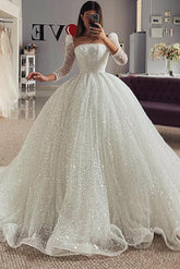 Sequined Wedding Dress with Ball Gown Square Neckline and Long Sleeves