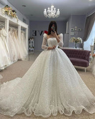Sequined Wedding Dress with Ball Gown Square Neckline and Long Sleeves