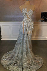 Sequined Prom Dress Silver Mermaid Formal Dress with Slit
