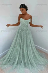 Light Blue Sequined Prom Dresses Off the Shoulder A Line Evening Dresses