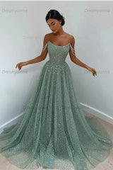 Light Blue Sequined Prom Dresses Off the Shoulder A Line Evening Dresses