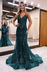 Sequins A Line Evening Dress with Appliques, Tulle, and Spaghetti Straps