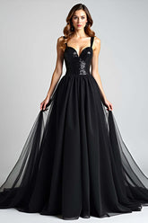 Sequins Backless Black Wedding Guest Dress A Line Long Tulle Graduation Dress