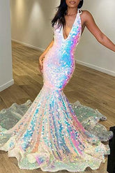 Sequins Halter V Neck Mermaid Evening Dress with Tulle