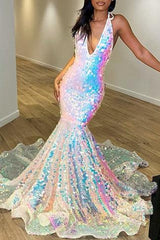 Sequins Halter V Neck Mermaid Evening Dress with Tulle