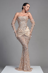 Sequins Off the Shoulder Evening Dress with Half Sleeves