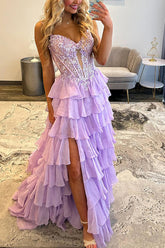 Sequins Ruffled Prom Dress Chiffon Lilac Corset Long Formal Dress With Slit