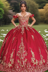 Sexy & Hot Ball Gown Off Shoulder Gold Flower Appliques Lace Up Tiered Red Tulle Quinceanera Dress Birthday Party Dress For Sweet 16
