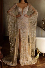 Sexy Tulle Slit Mermaid Evening Dress with Long Sleeves and Beading Sequins