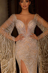 Sexy Tulle Slit Mermaid Evening Dress with Long Sleeves and Beading Sequins