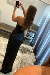 Sheath Black Prom Dress Strapless Sequined Evening Dress with Slit