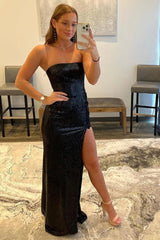 Sheath Black Prom Dress Strapless Sequined Evening Dress with Slit